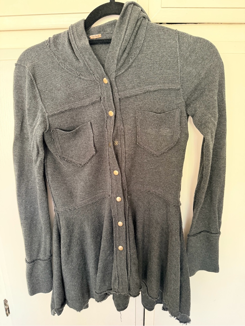 Free People Gray Shawl-Collar Peplum Button hooded Cardigan